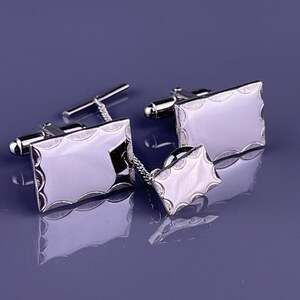 Simple Scalloped Edge Cufflinks Tie Pin Silver Tone Rectangle Arcs Anson Vintage
